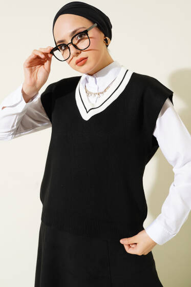 V Yaka Kısa Triko Süveter Siyah - Triko
