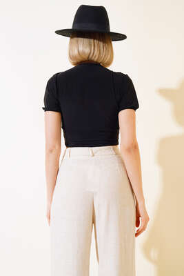 V Yaka Likralı Crop Siyah - Kadın Giyim Modelleri