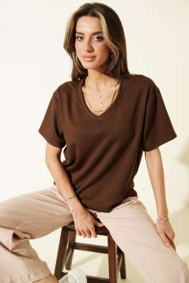 V Yaka Loyşa T-shirt Kahve 