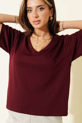 V Yaka Loyşa T-shirt Mürdüm - CALİENTE