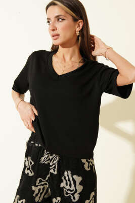 V Yaka Loyşa T-shirt Siyah - CALİENTE