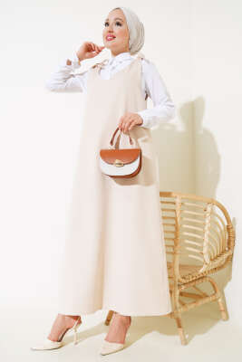 V Yaka Omuz Bağcıklı Jile Elbise Bej - Tesettür Elbise