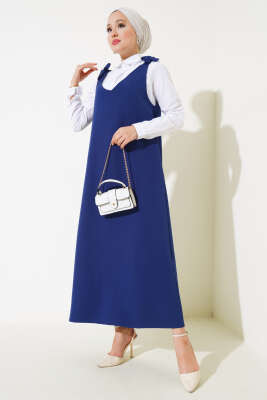 V Yaka Omuz Bağcıklı Jile Elbise Lacivert - Tesettür Elbise