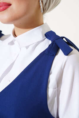 V Yaka Omuz Bağcıklı Jile Elbise Lacivert - Tesettür Elbise