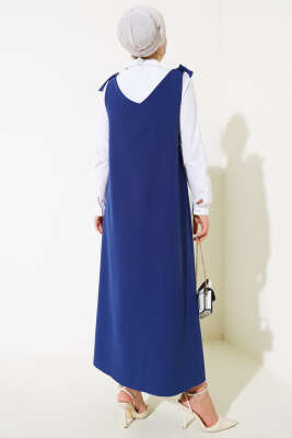 V Yaka Omuz Bağcıklı Jile Elbise Lacivert - Tesettür Elbise