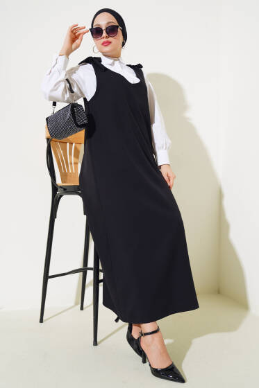 V Yaka Omuz Bağcıklı Jile Elbise Siyah - Elbise
