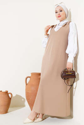 	 V Yaka Omuz Bağlamalı Jile Elbise Bej - Tesettür Elbise