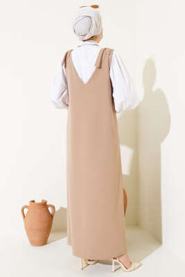 	 V Yaka Omuz Bağlamalı Jile Elbise Bej - Tesettür Elbise