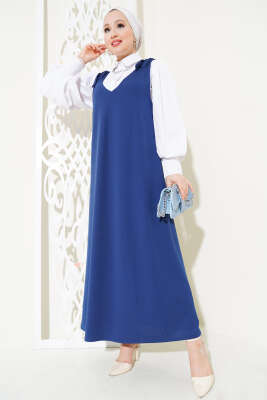 	 V Yaka Omuz Bağlamalı Jile Elbise İndigo - Tesettür Elbise