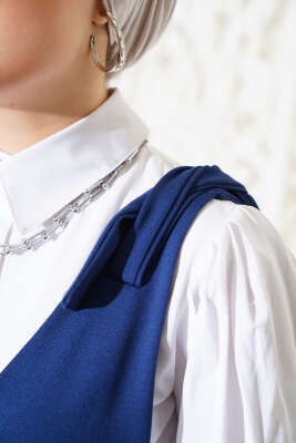 	 V Yaka Omuz Bağlamalı Jile Elbise İndigo - Tesettür Elbise