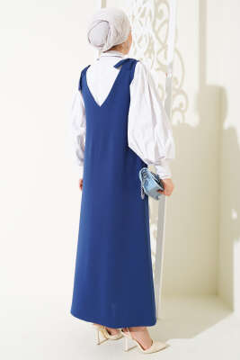 	 V Yaka Omuz Bağlamalı Jile Elbise İndigo - Tesettür Elbise