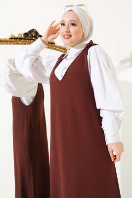 	 V Yaka Omuz Bağlamalı Jile Elbise Kahve - Tesettür Elbise