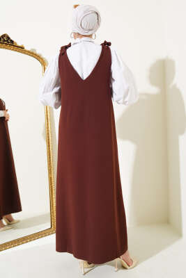 	 V Yaka Omuz Bağlamalı Jile Elbise Kahve - Tesettür Elbise