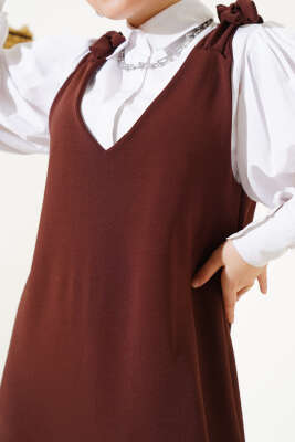 	 V Yaka Omuz Bağlamalı Jile Elbise Kahve - Tesettür Elbise