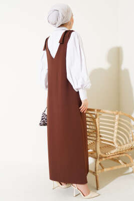 V Yaka Omuz Bağlamalı Jile Elbise Kestane - Tesettür Elbise