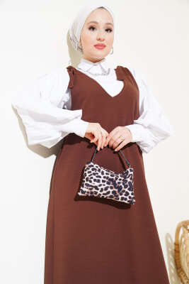 V Yaka Omuz Bağlamalı Jile Elbise Kestane - Tesettür Elbise