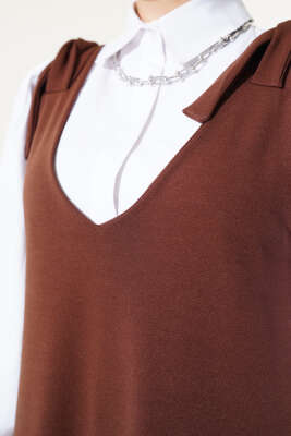 V Yaka Omuz Bağlamalı Jile Elbise Kestane - Tesettür Elbise