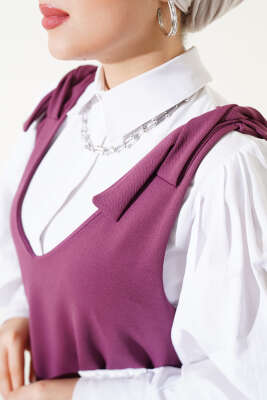 	 V Yaka Omuz Bağlamalı Jile Elbise Magenta - Tesettür Elbise