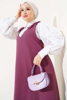 	 V Yaka Omuz Bağlamalı Jile Elbise Magenta - Tesettür Elbise