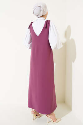 	 V Yaka Omuz Bağlamalı Jile Elbise Magenta - Tesettür Elbise