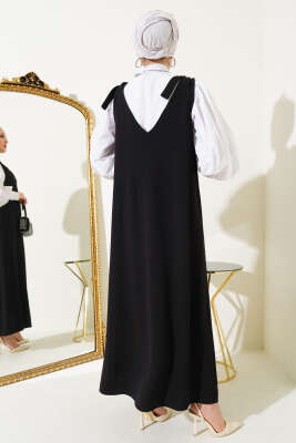 	 V Yaka Omuz Bağlamalı Jile Elbise Siyah - Tesettür Elbise