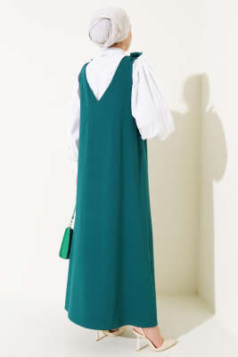 	 V Yaka Omuz Bağlamalı Jile Elbise Zümrüt - Tesettür Elbise