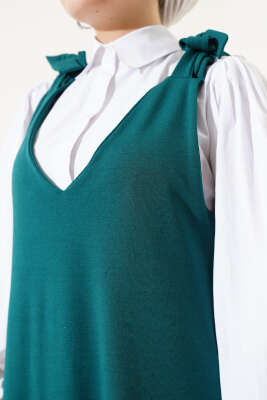 	 V Yaka Omuz Bağlamalı Jile Elbise Zümrüt - Tesettür Elbise