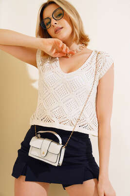 V Yaka Örgü Süveter Bej - TİLLE