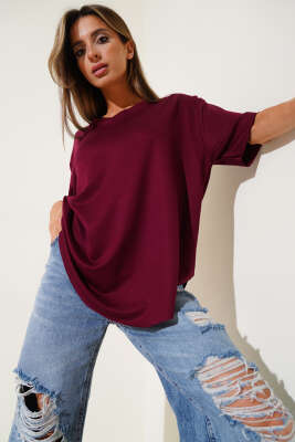V Yaka Oval Kesim T-Shirt Bordo 