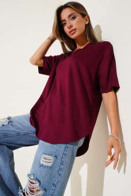 V Yaka Oval Kesim T-Shirt Bordo - Kadın Giyim Modelleri
