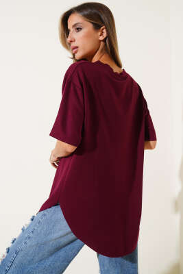 V Yaka Oval Kesim T-Shirt Bordo - Kadın Giyim Modelleri