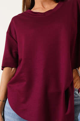 V Yaka Oval Kesim T-Shirt Bordo - Kadın Giyim Modelleri