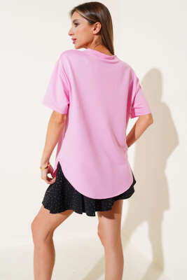 V Yaka Oval Kesim T-Shirt Pembe - Kadın Giyim Modelleri