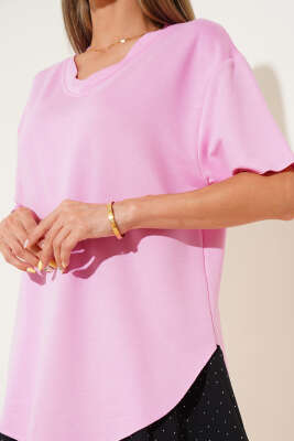 V Yaka Oval Kesim T-Shirt Pembe - Kadın Giyim Modelleri