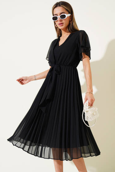 V Yaka Pileli Şifon Midi Elbise Siyah - Kadın Giyim Modelleri