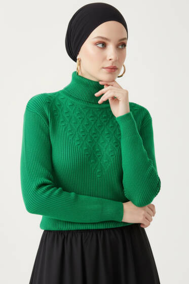 V Puantiye Kabartma Triko Kazak Yeşil - Triko Kazak