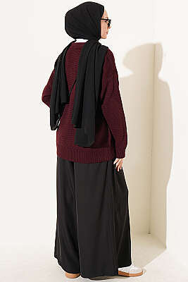 V Yaka Ribanalı Oversize Triko Hırka Bordo - Hırka