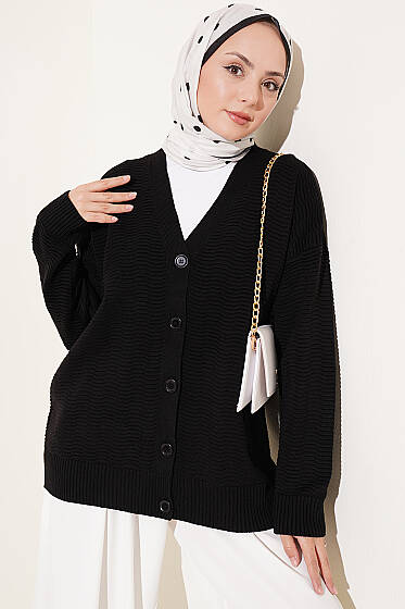 V Yaka Ribanalı Oversize Triko Hırka Siyah - Hırka
