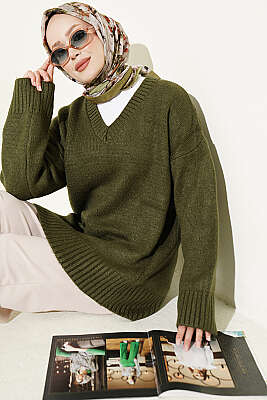 V Yaka Ribanalı Triko Tunik Haki - LUSTRİN