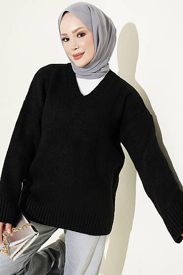 V Yaka Ribanalı Triko Tunik Siyah - Tunik