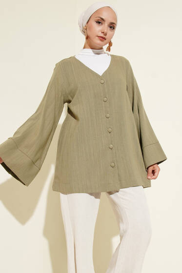 V Yaka Salaş Keten Gömlek Haki - Gömlek