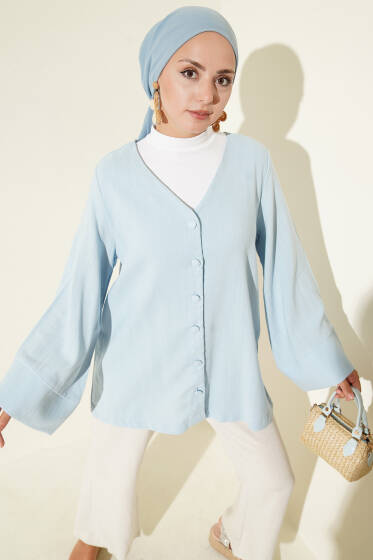 V Yaka Salaş Keten Gömlek Mavi - Gömlek