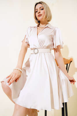 V Yaka Saten Elbise Bej - Kadın Giyim Modelleri