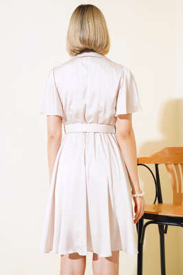 V Yaka Saten Elbise Bej - Kadın Giyim Modelleri