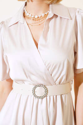 V Yaka Saten Elbise Bej - Kadın Giyim Modelleri