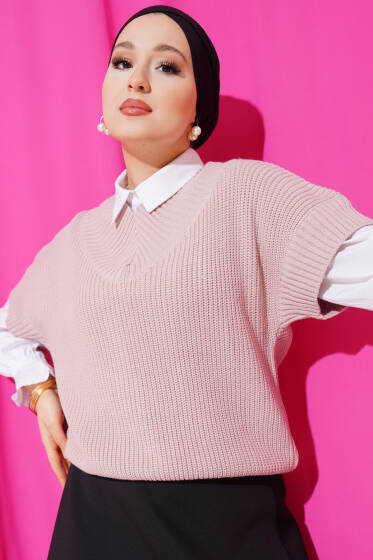 V Yaka Selanik Triko Süveter Bej - Triko