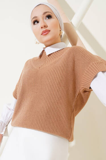 V Yaka Selanik Triko Süveter Büsküvi - Triko