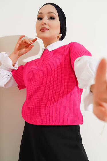 V Yaka Selanik Triko Süveter Fuşya - Triko