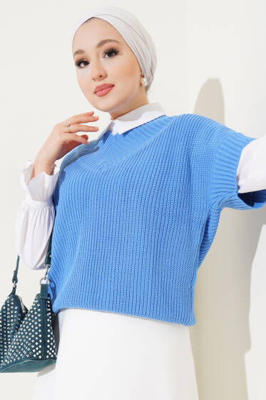 V Yaka Selanik Triko Süveter İndigo - Triko