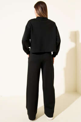 V Yaka Şeritli Sweatshirt İkili Takım Siyah - Kadın Giyim Modelleri